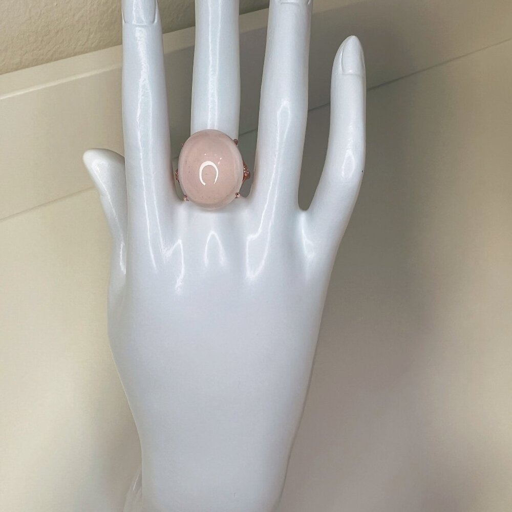 Large Natural Rose Quartz Adjustable Ring | solid 925 Silver Rose Gold Plated